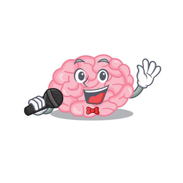 Talented singer of human brain cartoon character holding a microphone