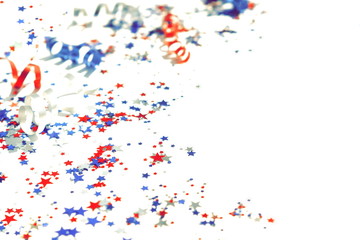 4th of July American Independence Day decorations stars confetti isolated frame on white background. top view, copy space, flat lay 