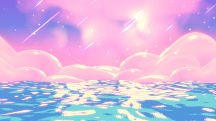 Blaues und rosafarbenes Meer im japanischen Anime-Stil bei Nacht. 3D-Rendering-Bild.