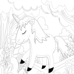 Unicorn vector. Horse head sleep. Colored book. Black and white sticker, icon isolated. Cute magic cartoon fantasy animal. Dream symbol. Design for children, baby room interior, scandinavian style

