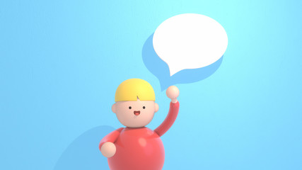 3d render cartoon man and speech bubble.