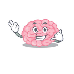 Cartoon design of human brain with call me funny gesture