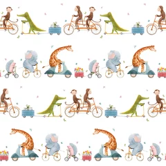 Deurstickers Dieren onderweg Mooi naadloos patroon voor kinderen met aquarel hand getekende schattige dieren op vervoer. Voorraad illustratie.