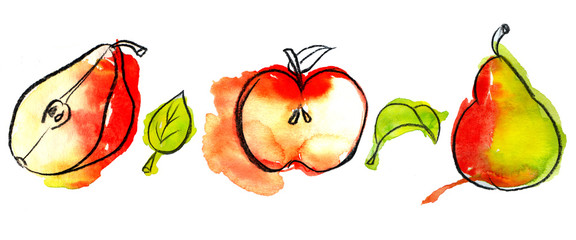 Pears and apples are green and red. juicy summer fruits. Green leaves of fruit trees