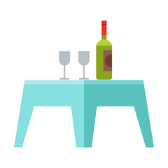 Small Table with Bottle of Wine and Two Glasses, Modern Garden Furniture Design Flat Vector Illustration