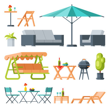 Modern Garden Furniture Collection, Table, Sunshade Umbrella, Swing Bench, Lounger, Barbecue Grill Flat Vector Illustration