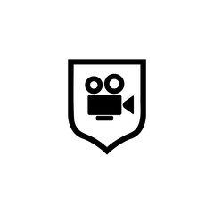 Shield icon with a film camera isolated on white background