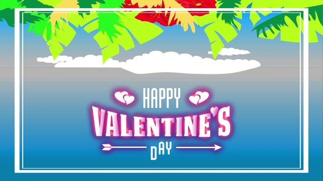 laughing valentines day latitude fancy with palm leafs and vivid red hawaiian ornament forming hedge on top of blue cloudy blue sky and lettering with organ and arrow