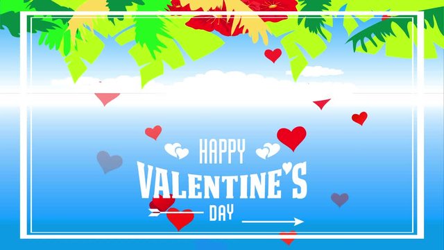 smiling valentines day tropic fancy with palm leafs and colourful red hawaiian petal forming hedge on top of blue cloudy blue sky and lettering with hearts and arrow