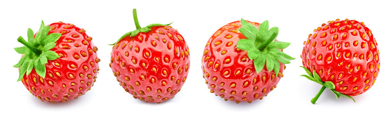 Strawberry collection. Strawberry fruits with green leaf isolated on white background. Strawberry with clipping path