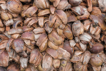 Pile of coconut peel stack as wall background
