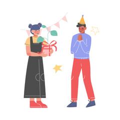 Teenage Girl Giving Holiday Gift Box Decorated with Ribbon Bow to Happy Boy in Party Hat, Children Celebrating Birthday Party Cartoon Vector Illustration