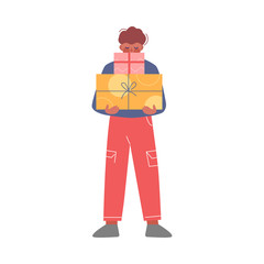 Happy Boy Holding Gift Boxes Decorated with Ribbons, Teenager Celebrating Birthday, Christmas or New Year Cartoon Vector Illustration