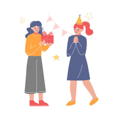 Teenage Girl Giving Holiday Gift Box Decorated with Ribbon Bow to Another, Children Celebrating, Birthday, Christmas or New Year Cartoon Vector Illustration