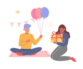 Teenagers Having Fun at Birthday Party, Boy and Girls Sitting on the Floor with Colorful Balloons and Gift Box Cartoon Vector Illustration