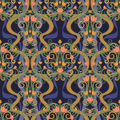 Floral art nouveau seamless pattern, vector illustration