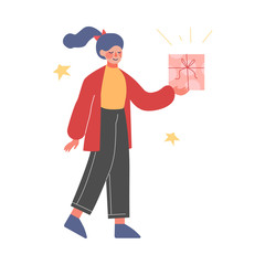 Happy Girl Holding Gift Box Decorated with Ribbon in Outstretched Hand, Teenager Celebrating Birthday, Christmas or New Year Cartoon Vector Illustration