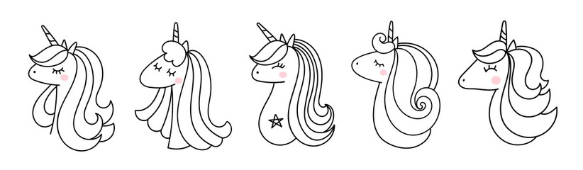 Cute unicorn hand drown doodle vector set.