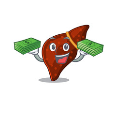 A wealthy human cirrhosis liver cartoon character having money on hands