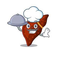 Human cirrhosis liver chef cartoon character serving food on tray