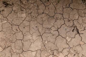 Cracked soil due to lack of water. Drought clay soil texture.