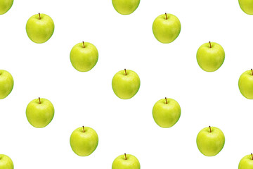 Pattern of green apples on a white background. Isolated fruits. Image for fabric, wallpaper and wrapping paper.