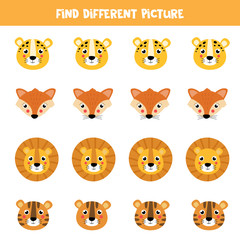 Find different picture in each row. Cute cartoon animal faces.