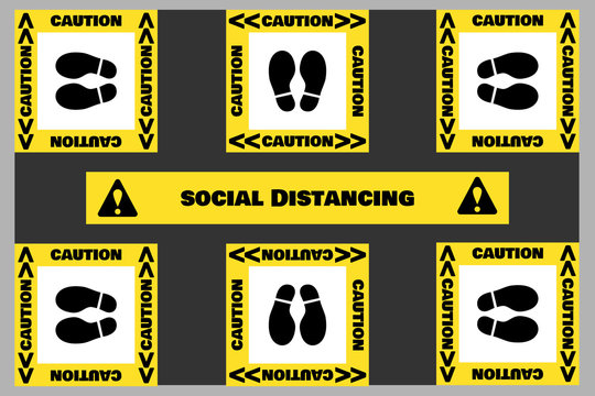 Footprint stencil sign in yellow frame with caution text. Keep zone and set position in elevator (lift). Social distancing due to Coronavirus (Covid-19) spread.