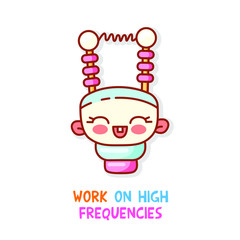 A cute electric appliance with pink cheeks is laughing. Vector isolated character for design mobile game, sticker for your diary. Text work at high frequencies. Lettering work on high frequencies.
