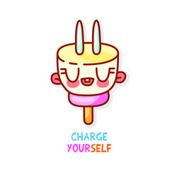 Cute colorful illustration of an electric plug with rosy cheeks. Lettering advice charge yourself. Vector isolated sticker to decorate your diary, design an online store or application.