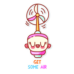 Cute multi-colored fan with closed eyes and rosy cheeks. Lettering get some air. Funny vector isolated picture for design of mobile application, computer game, print on clothes. Sticker on your diary.