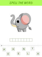 Spelling word scramble game template. Educational activity for preschool years kids and toddlers with cute elephant. Flat vector stock illustration.