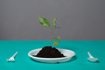 Conceptual image of the destruction of human ecology. Food plastic.  Plastic waste. Environmental concept. Ban single use plastic.