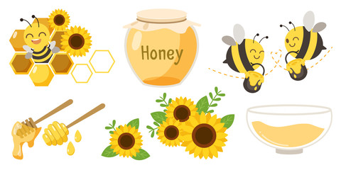 The collection of cute character of cute bee with beehive and honey jar and honey spoon and sunflower in flat vector style.Graphic resource about bee for graphic,content , banner, sticker label.