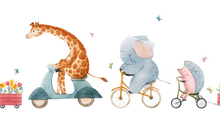 Beautiful seamless pattern for children with watercolor hand drawn cute animals on transport. Stock illustration. © zenina