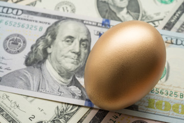 Bright golden egg on US dollar bill cash banknotes background. Rich, wealth, successful from stock dividend in stock market investment. Business, financial, investment and retirement planning concept.
