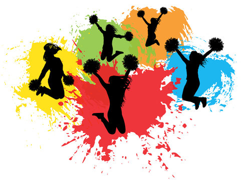 Jumping cheerleaders with pompoms on background of colorful splash (blots), silhouettes. Vector illustration