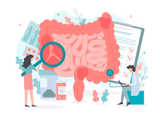 Diagnosis and treatment of the bowel. Medical concept with tiny people. Flat vector illustration.