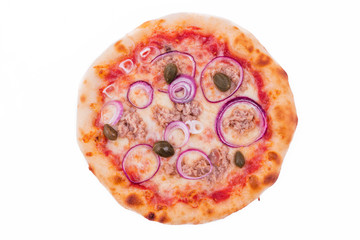Pizza with tuna, onions and capers on a white background
