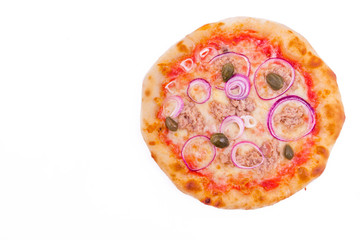 Pizza with tuna, onions and capers on a white background