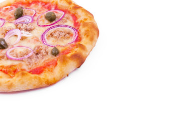 Pizza with tuna, onions and capers on a white background