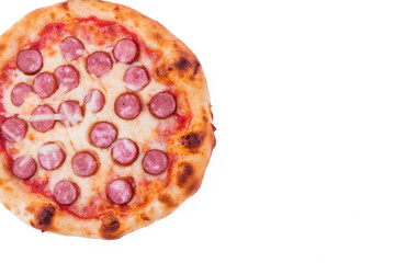 Tasty pizza with cheese, tomatoes and slices of sausage on a white background