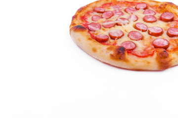 Tasty pizza with cheese, tomatoes and slices of sausage on a white background