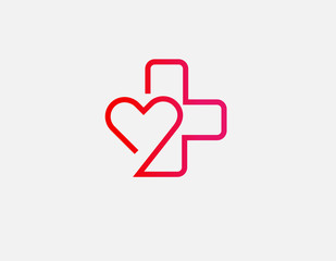 Creative red linear logo cross and heart icon for pharmacy or medical clinic. - obrazy, fototapety, plakaty