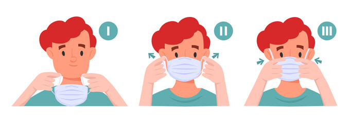 Infographic with details about coronavirus prevention. Boy wearing medical mask vector illustration. Health care concept. Instruction to wear mask.