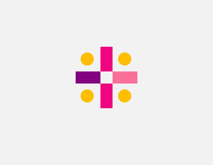 Creative bright multicolored logo icon cross made of geometric elements of circles and rectangles for a pharmacy.