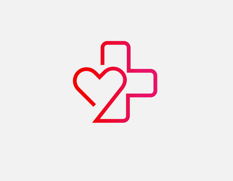 Creative red linear logo cross and heart icon for pharmacy or medical clinic.