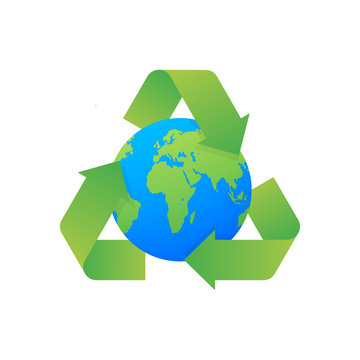 Recycle recycling symbol. Green earth globe vector design. Environment, ecology, nature protection concept. Vector stock illustration.