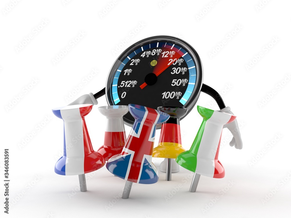 Wall mural Network speed meter character with thumbtacks in flags