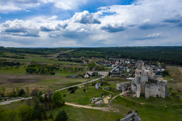 Fototapeta premium Aerial view of Mirow Castle, Eagles Nests trail. Medieval fortress in the Jura region near Czestochowa. Silesian Voivodeship. Poland.